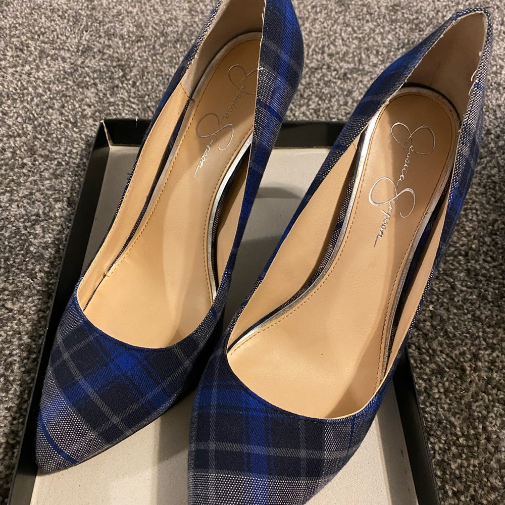 Jessica Simpson blue plaid high heels